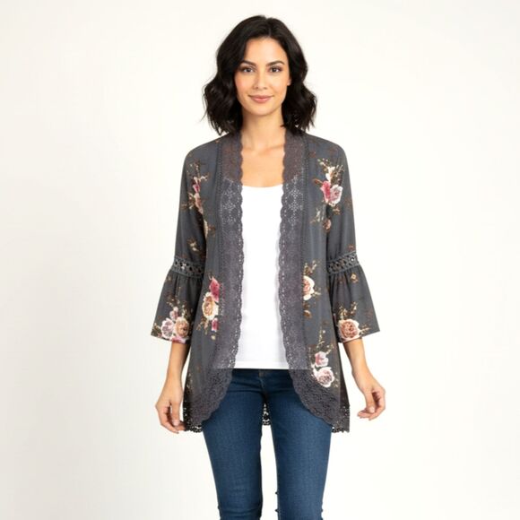 Women's Gray Cardigan Size S Floral Crochet Lace Open Front 3/4 Bell Sleeve - Picture 1 of 15